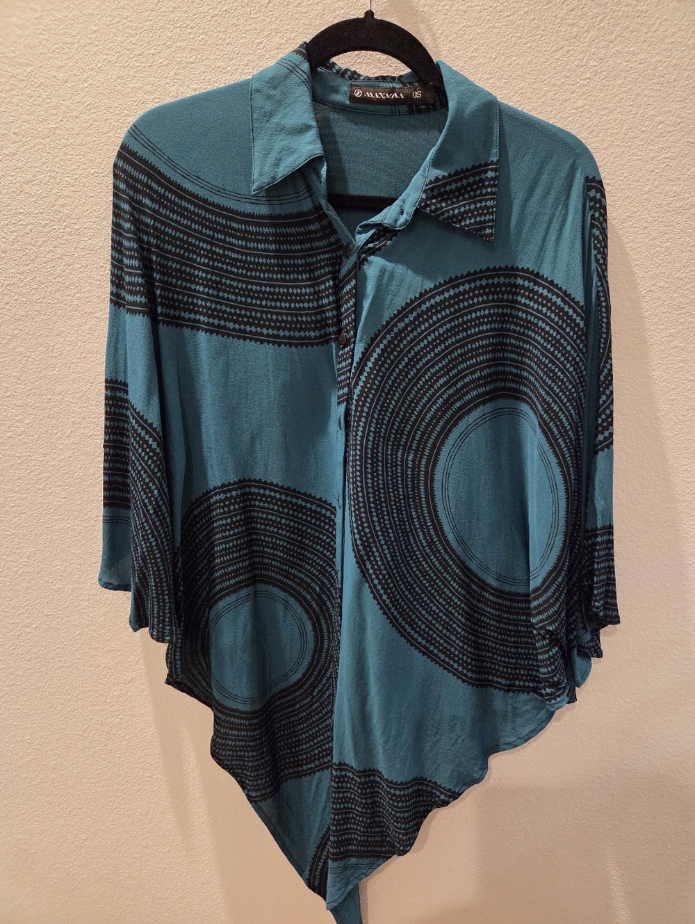 Manaola Teal and Black Circular-Print Asymmetrical Button-Down Top